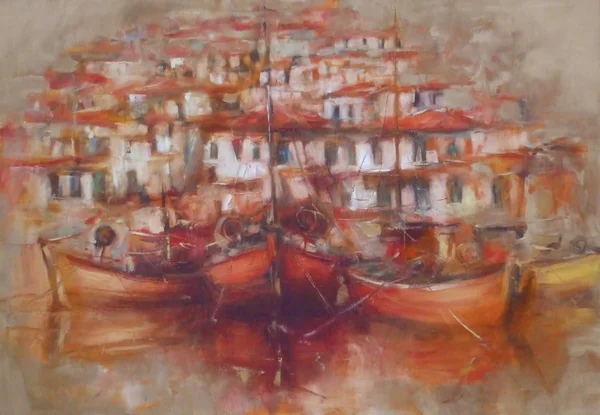 Boote im Inselhafen, handgefertigte Malerei lizenzfreie Stockfotos