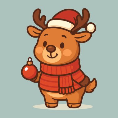 Kırmızı eşarp ve Noel Baba şapkası takan sevimli ren geyiği.