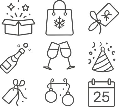 Minimum özet Noel ve Yeni Yıl kutlamaları ikonu hediye, içecek, parti ve dekor içerir