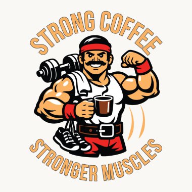 Kas Spor Salonu Maskotu Kahve Kupası Retro Strongman Tişört Vektörü İllüstrasyonu