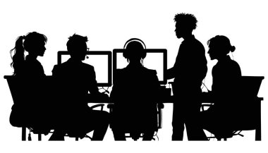 Ofis ortamında bilgisayar üzerinde çalışan bir grup insanın silueti.