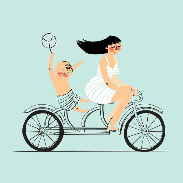 Mujer y niño en bicicleta tándem. Scooter rider, ilustración vectorial — Vector de stock