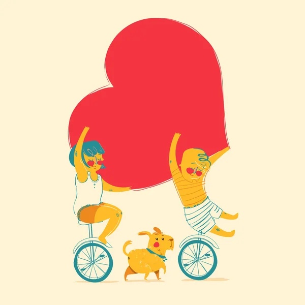 Jongen en meisje is fiets rijden. Liefde en vriendschap. Vectorillustratie — Stockvector