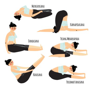 Çeşitli yoga pozisyonlarında egzersiz yapan güzel bir kadın.