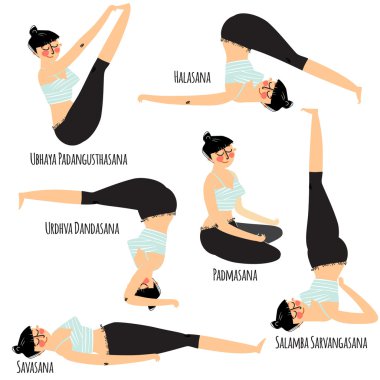 Çeşitli yoga pozisyonlarında egzersiz yapan güzel bir kadın.