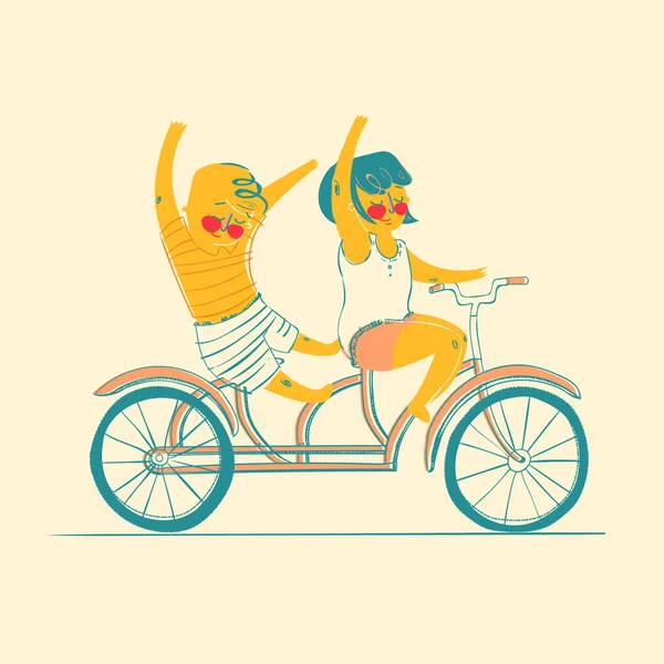 Two best friends ride on tandem bicycle. Vector illustration. Isolated — Stock Vector