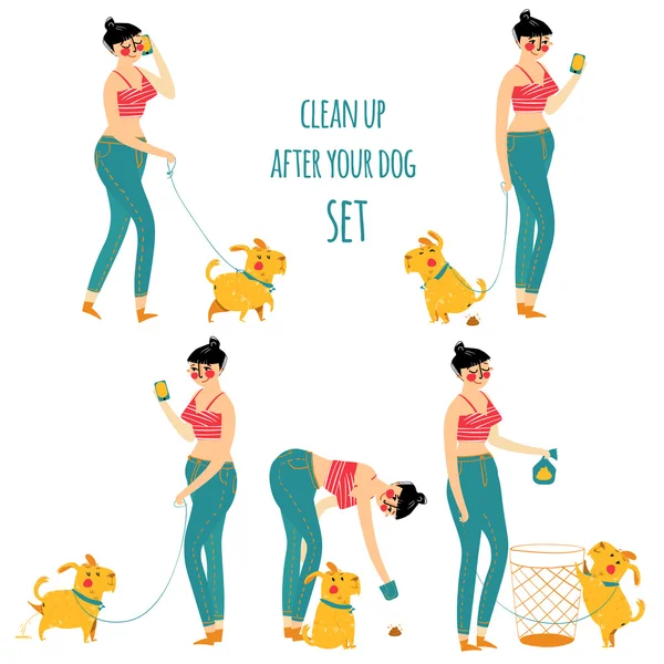 Woman cleaning dog waste, clean up after your pet, vector illustration — Stock Vector