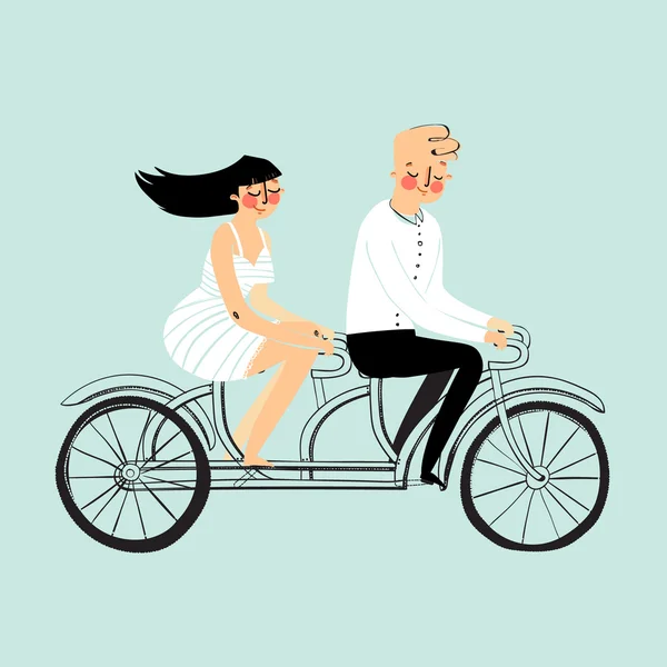 Vector plano diseño feliz joven hombre y mujer personajes pareja montar en tándem bicicleta aislada — Vector de stock