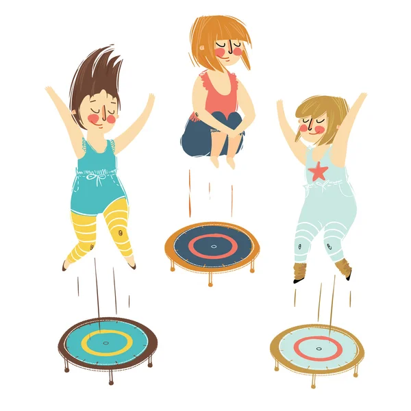 A lányok, játék trambulin illusztrációja — Stock Vector