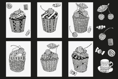 Sweet cupcakes with chocolate, berries and cream. Artistically drawn clipart