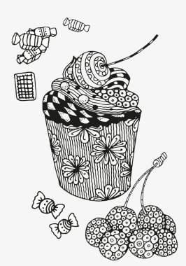 Sweet cupcake with chocolate, berries and cream. Artistically drawn