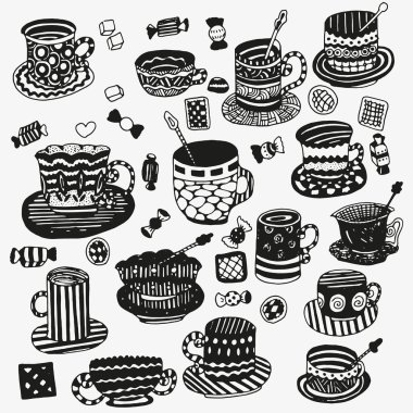 Boyama kitabı ile bardak ve kupalar için desen. Siyah ve beyaz