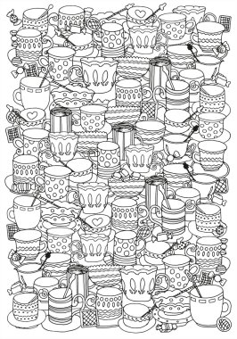 Boyama kitabı ile bardak ve kupalar için desen. Siyah ve beyaz
