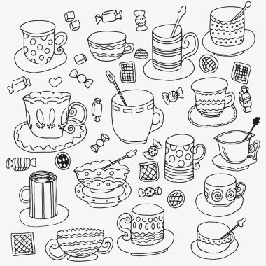 Boyama kitabı ile bardak ve kupalar için desen. Siyah ve beyaz