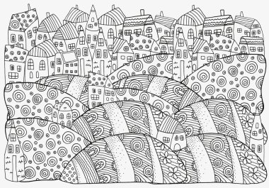Pattern for coloring book with artistically houses.Black and white pattern