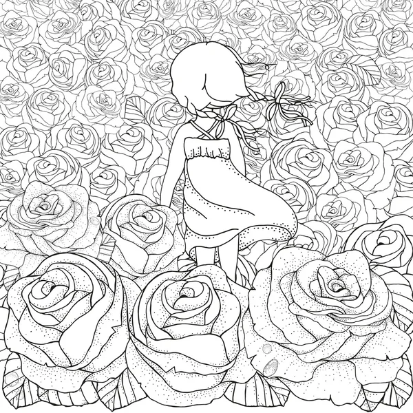 Boyama kitabı için desen. Küçük kız tek başına. Birçok gül.