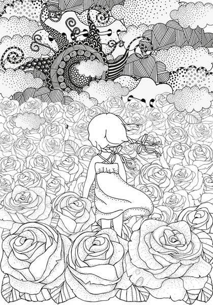 Muster für Malbuch. kleines Mädchen allein. viele Rosen. — Stockvektor