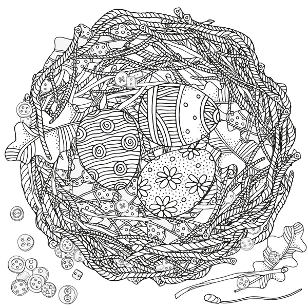 Vogelnest mit Eiern. Ostereier. Dekor. Frühling. handgezeichnete dekorative Elemente — Stockvektor