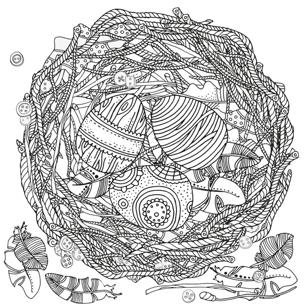 Nido de pájaros con huevos. Huevos de Pascua. Decoración. Primavera. Elementos decorativos dibujados a mano — Archivo Imágenes Vectoriales