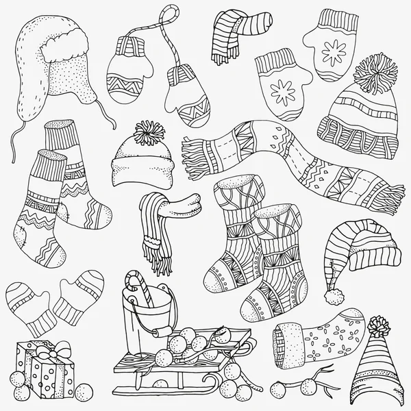Winter sketches. warm clothes, scarf, hats, mittens, socks.