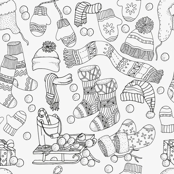 Winter sketches. warm clothes, scarf, hats, mittens, socks. — Stockvector