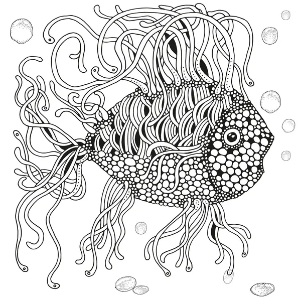 Blanco y negro dibujado a mano lindo pez — Vector de stock