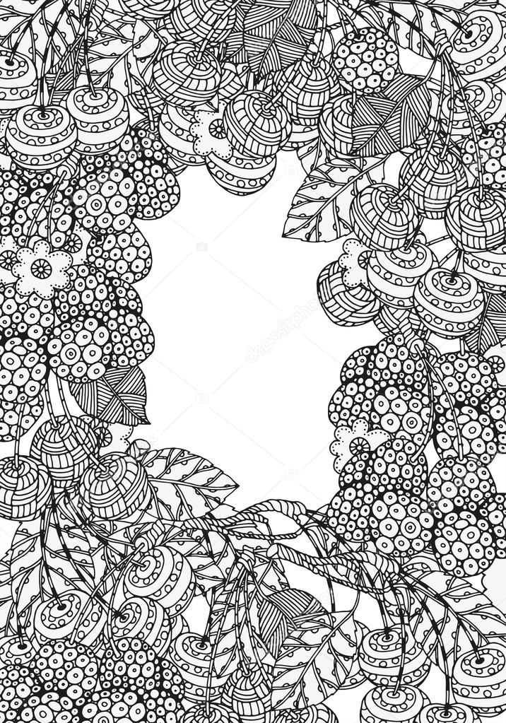 Pattern with artistically cherries. Black and white