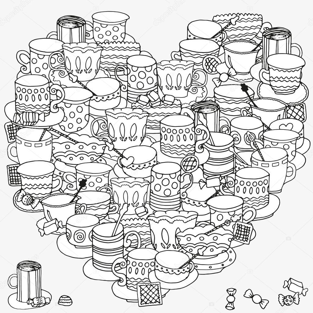 Pattern for coloring book with cups and mugs. Black and white