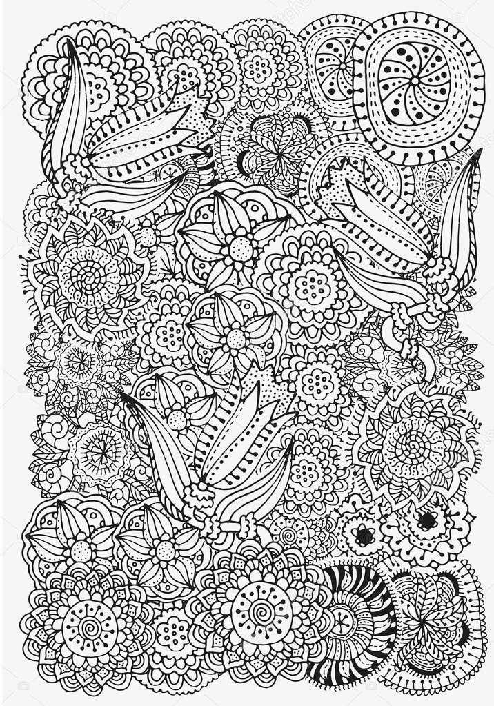 Pattern for coloring book. Ethnic, floral, retro, doodle, tribal design element.