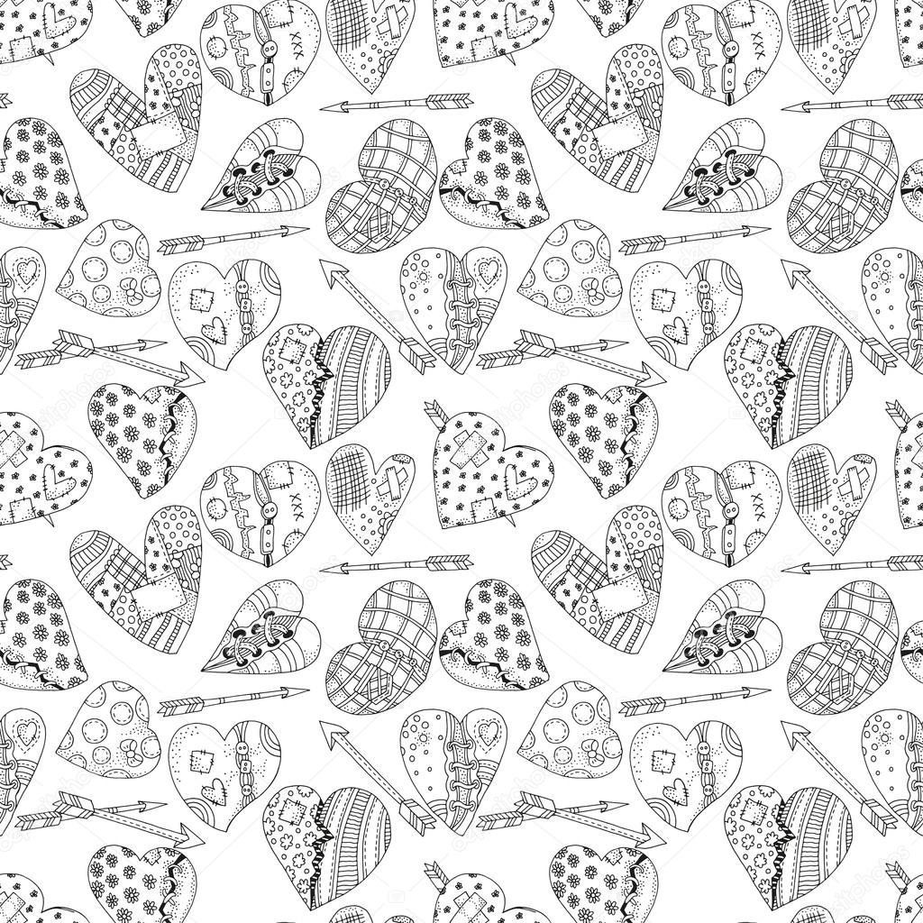 Pattern for coloring book with artistically hand drawn hearts