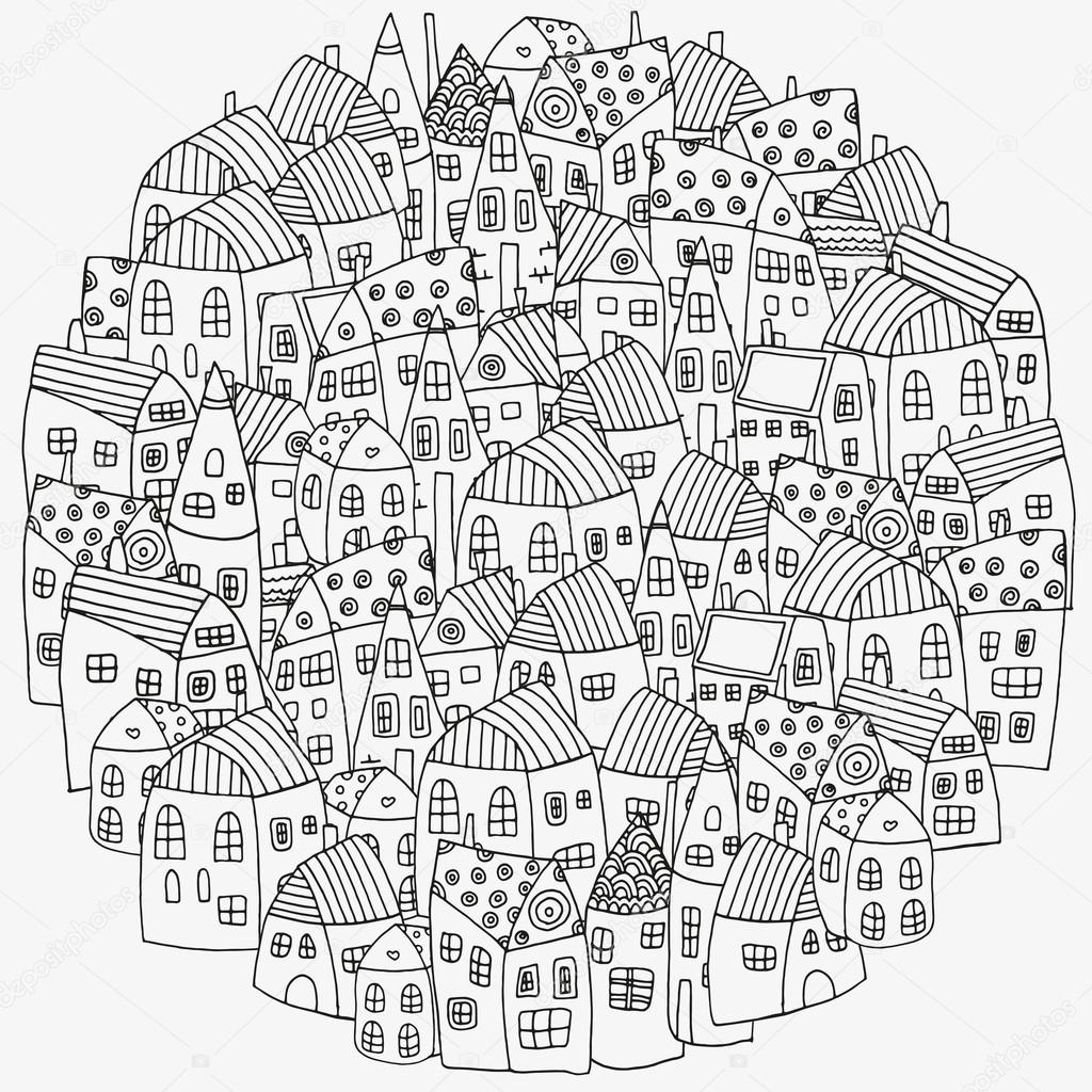 Pattern for coloring book with artistically houses.Black and white pattern