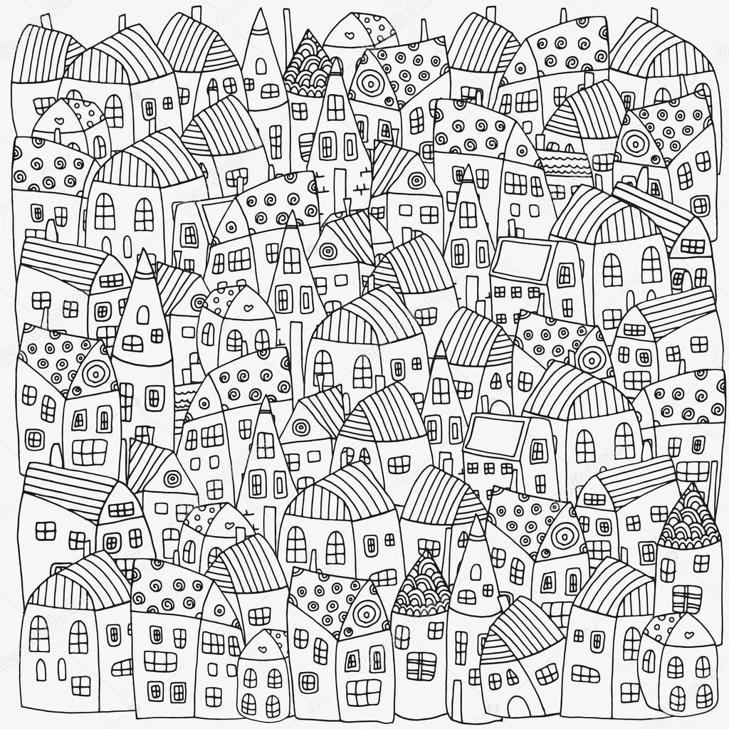 Pattern for coloring book with artistically houses.Black and white pattern
