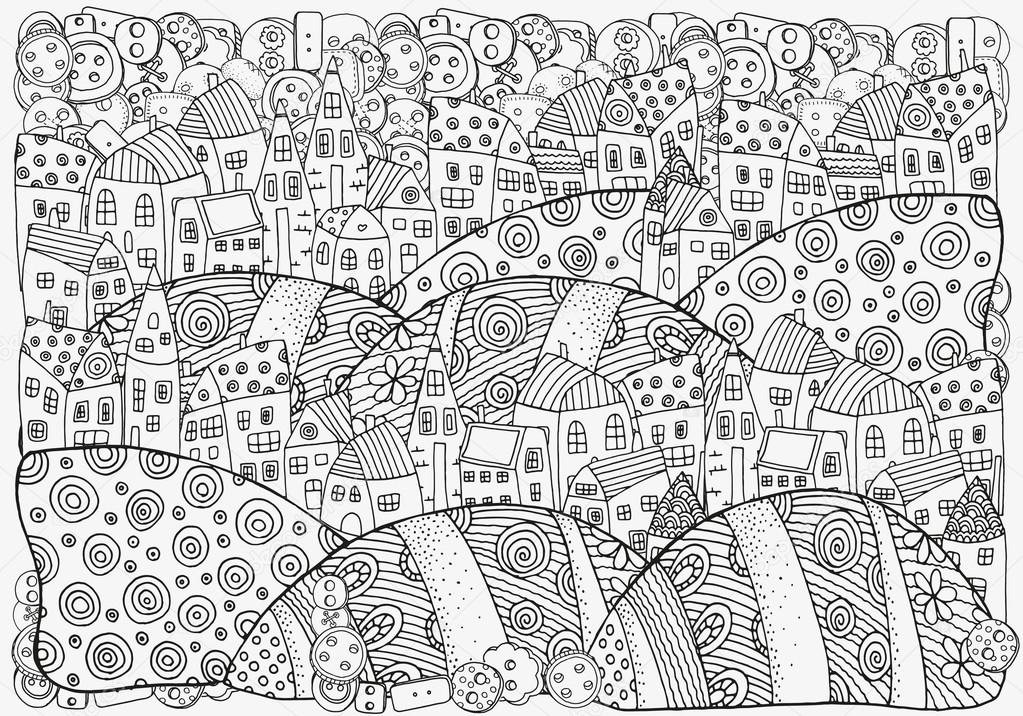 Pattern for coloring book with artistically houses.Black and white