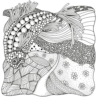 Siyah ve beyaz soyut fantezi balık.