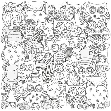 Boyama kitabı için desen. Baykuşlar. Siyah ve beyaz