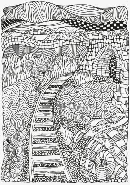 Siyah ve beyaz soyut fantezi resim. Uzun yol