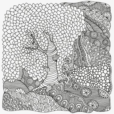 Soyut ağaç fantezi resim. Siyah, beyaz ve gri