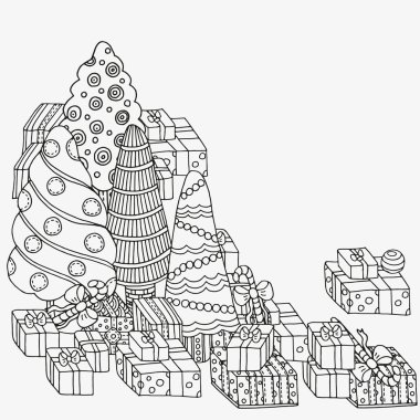 Noel ağaçları ve hediyeler. Dekoratif elemanlar çizilmiş