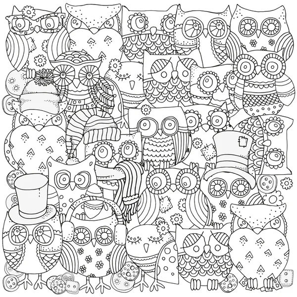 Boyama kitabı için desen. Baykuşlar. Siyah ve beyaz