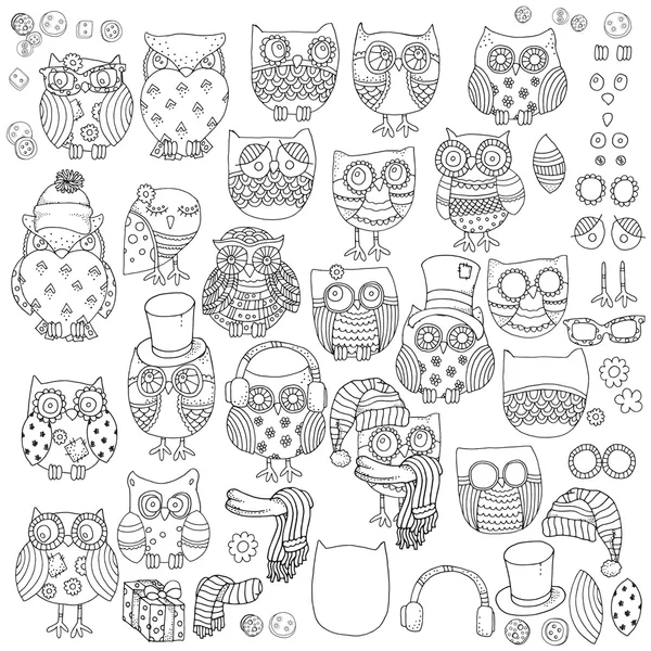 Boyama kitabı için desen. Baykuşlar. Siyah ve beyaz