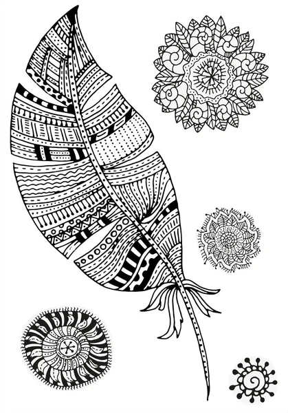 Pluma y mandalas sobre fondo blanco . — Vector de stock