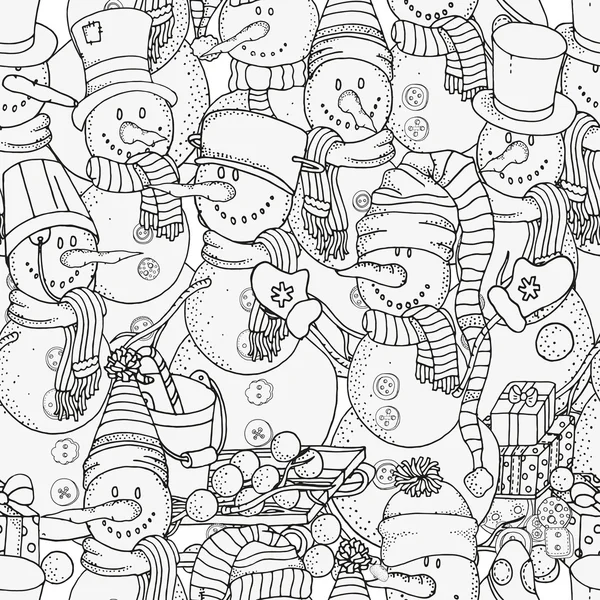 Cheerful snowmen. Black and white — Stock Vector