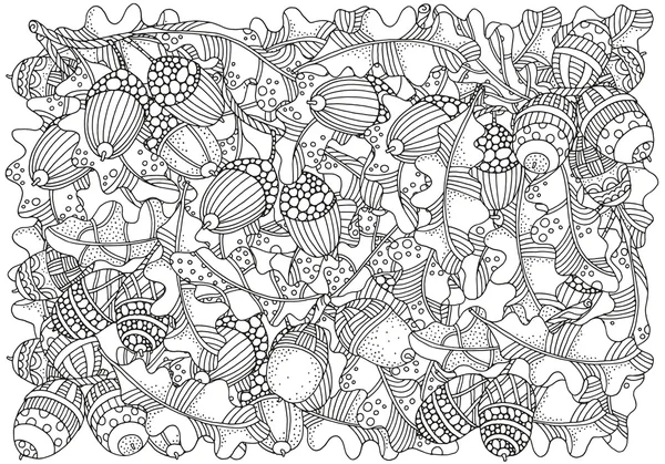 Pattern for coloring book with artistically hand drawn acorns and oak leaves — Stock Vector