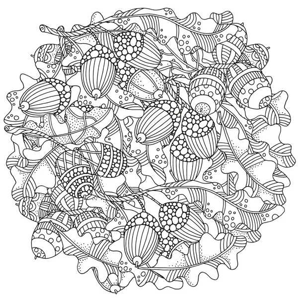 Boyama kitabı ile sanatsal elle çizilmiş meşe palamutları ve Meşe yaprağı deseni