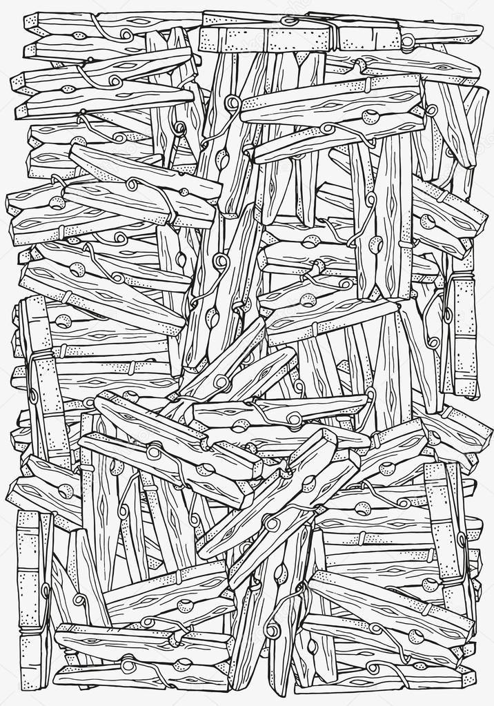 Wooden clothespins , hand-drawn decorative elements