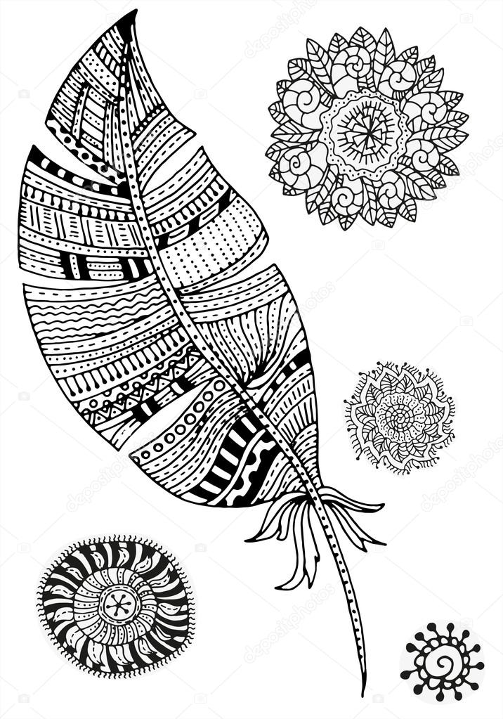 Feather and mandalas on a white background.