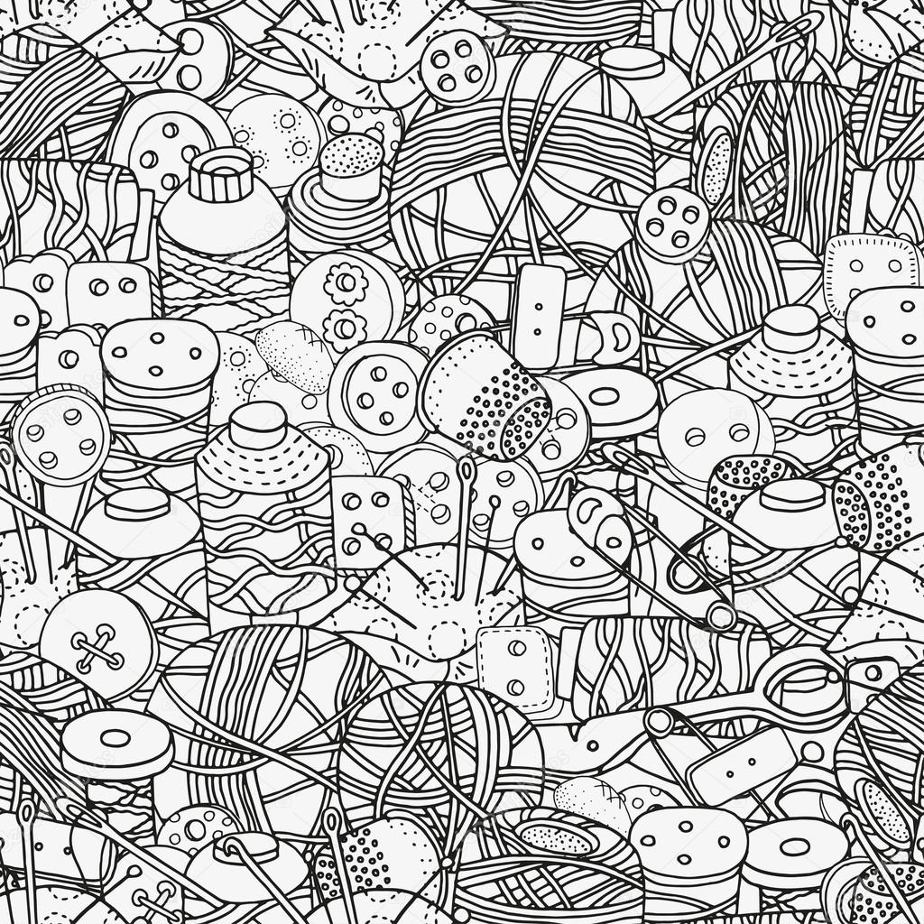 Clothes buttons, needles, thread, pins, scissors. Hand-drawn decorative ...