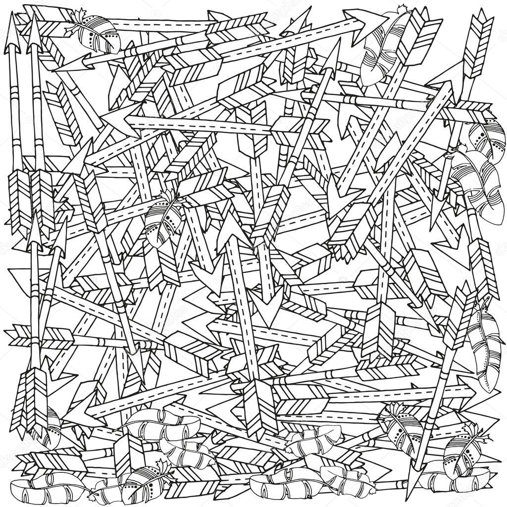 Modello per libro da colorare con frecce disegnate a mano e piume — Vettoriale Stock