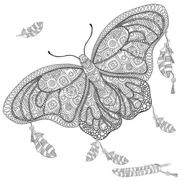 Художественно бабочка и перья на белом фоне — стоковый вектор