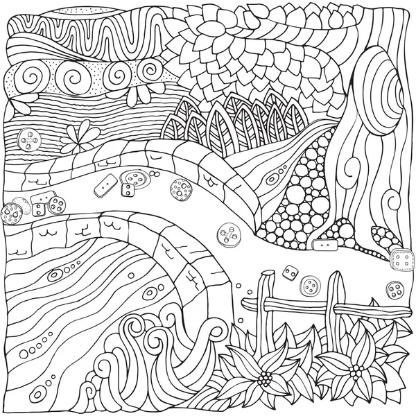 Zentangle tarzında fantastik kırsal manzara